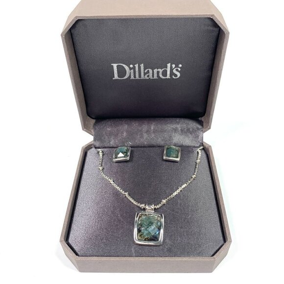 Dillards Faux Opal Necklace & Earring Jewelry Set Silver Tone/Blue Green NIB - Picture 1 of 10
